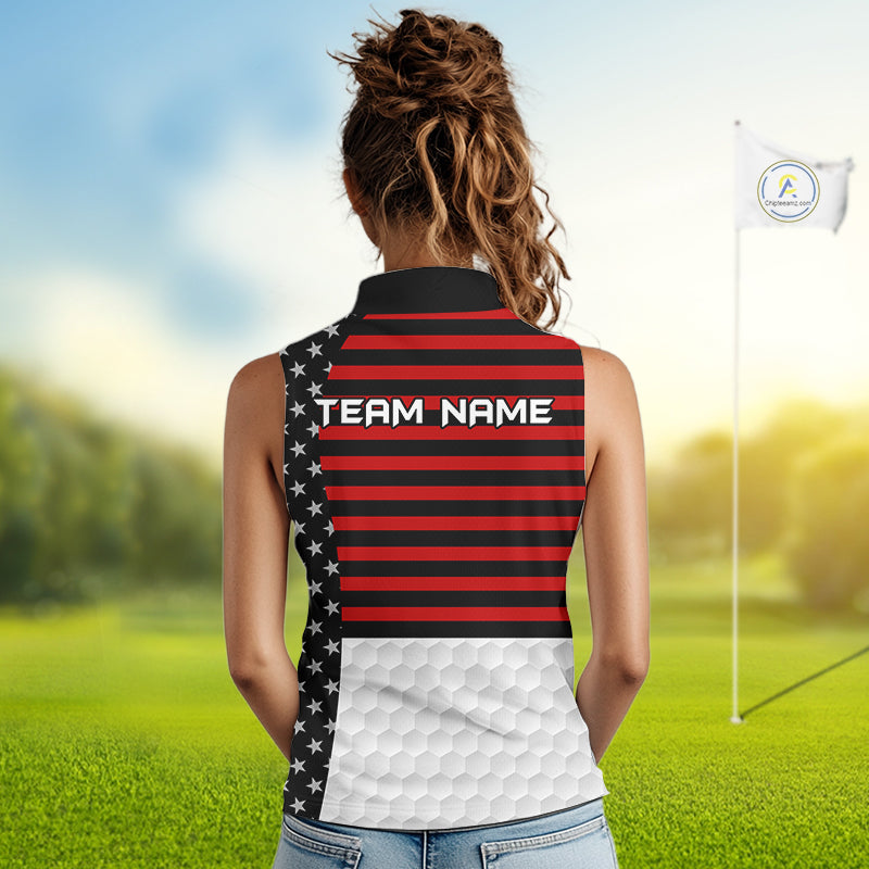 American Flag Golf Sleeveless Polo Shirt Custom Black And Red Patriotic Golf Team Shirt Golf Tops