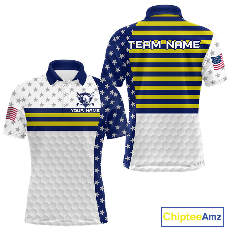 American Flag Golf Polo Shirt Custom Yellow And Blue Patriotic Golf Team Shirt Golf Tops