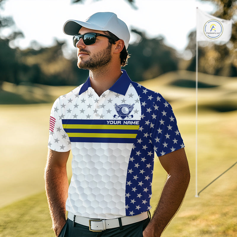 American Flag Golf Polo Shirt Custom Yellow And Blue Patriotic Golf Team Shirt Golf Tops