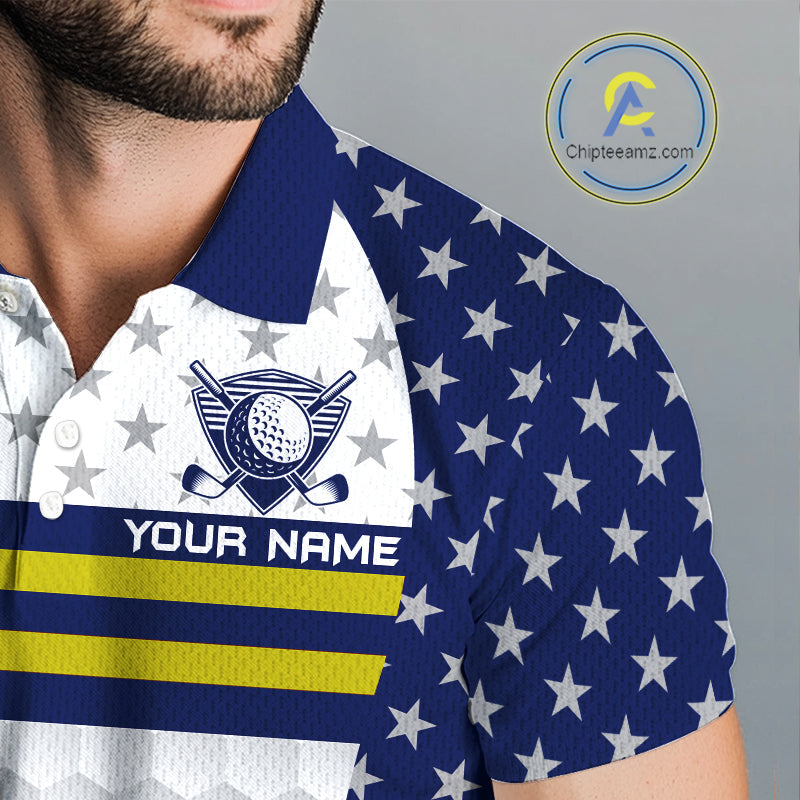 American Flag Golf Polo Shirt Custom Yellow And Blue Patriotic Golf Team Shirt Golf Tops