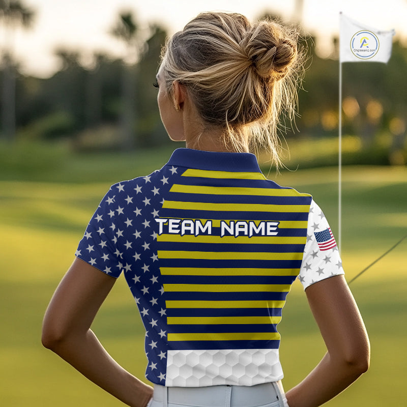 American Flag Golf Polo Shirt Custom Yellow And Blue Patriotic Golf Team Shirt Golf Tops