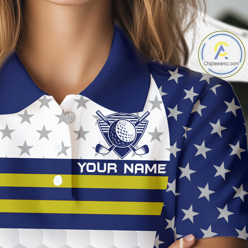American Flag Golf Polo Shirt Custom Yellow And Blue Patriotic Golf Team Shirt Golf Tops