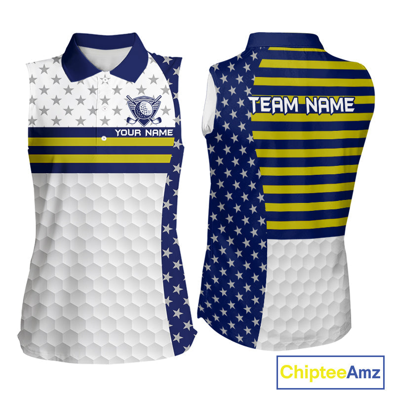 American Flag Golf Sleeveless Polo Shirt Custom Yellow And Blue Patriotic Golf Team Shirt Golf Tops