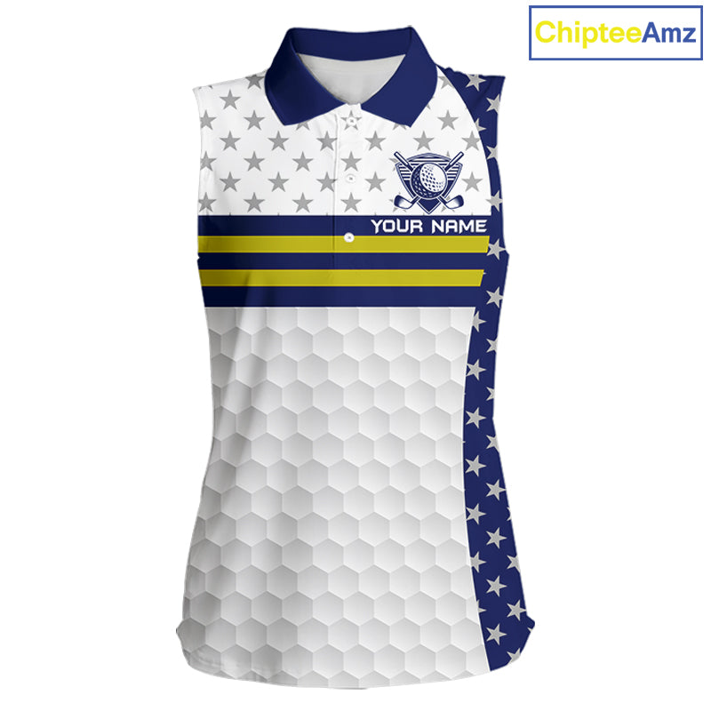 American Flag Golf Sleeveless Polo Shirt Custom Yellow And Blue Patriotic Golf Team Shirt Golf Tops