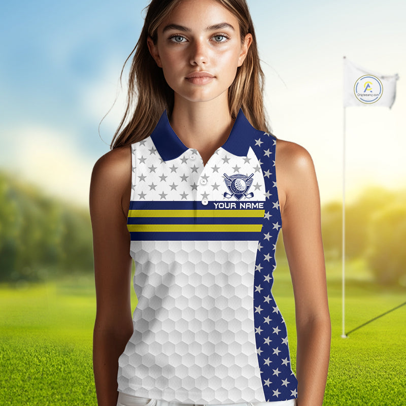 American Flag Golf Sleeveless Polo Shirt Custom Yellow And Blue Patriotic Golf Team Shirt Golf Tops