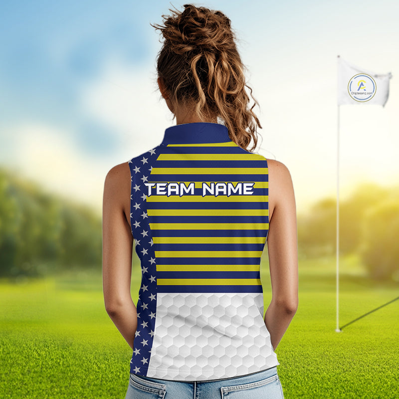 American Flag Golf Sleeveless Polo Shirt Custom Yellow And Blue Patriotic Golf Team Shirt Golf Tops