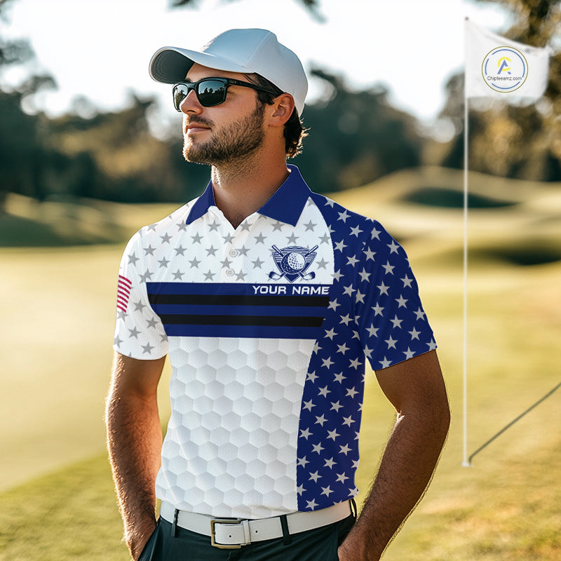 American Flag Golf Polo Shirt Custom Black And Blue Patriotic Golf Team Shirt Golf Tops