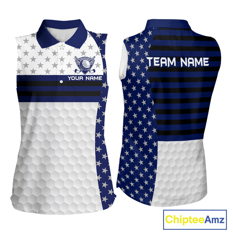 American Flag Golf Sleeveless Polo Shirt Custom Black And Blue Patriotic Golf Team Shirt Golf Tops