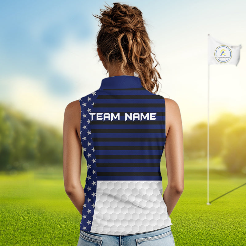 American Flag Golf Sleeveless Polo Shirt Custom Black And Blue Patriotic Golf Team Shirt Golf Tops