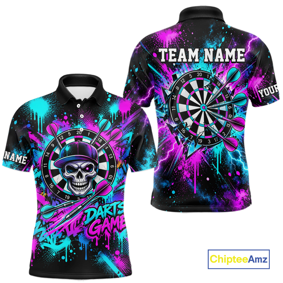 Skull Graffiti Darts Polo 1/4-Zip Shirt Purple Blue Thunder Cracked Darts Team Apparel Jersey