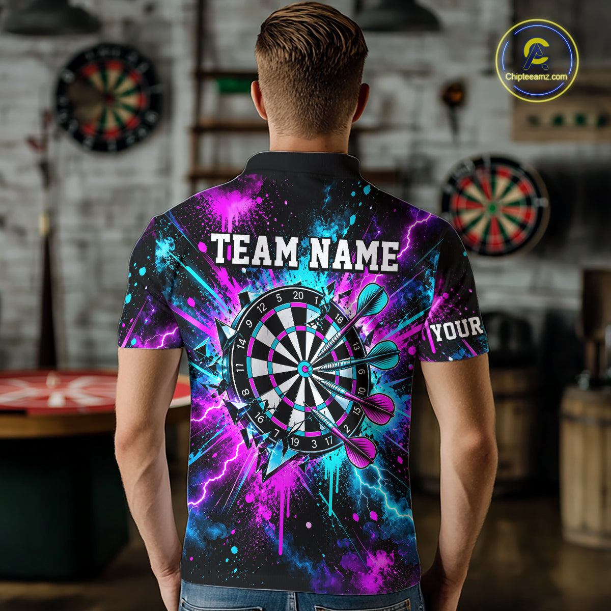 Skull Graffiti Darts Polo 1/4-Zip Shirt Purple Blue Thunder Cracked Darts Team Apparel Jersey