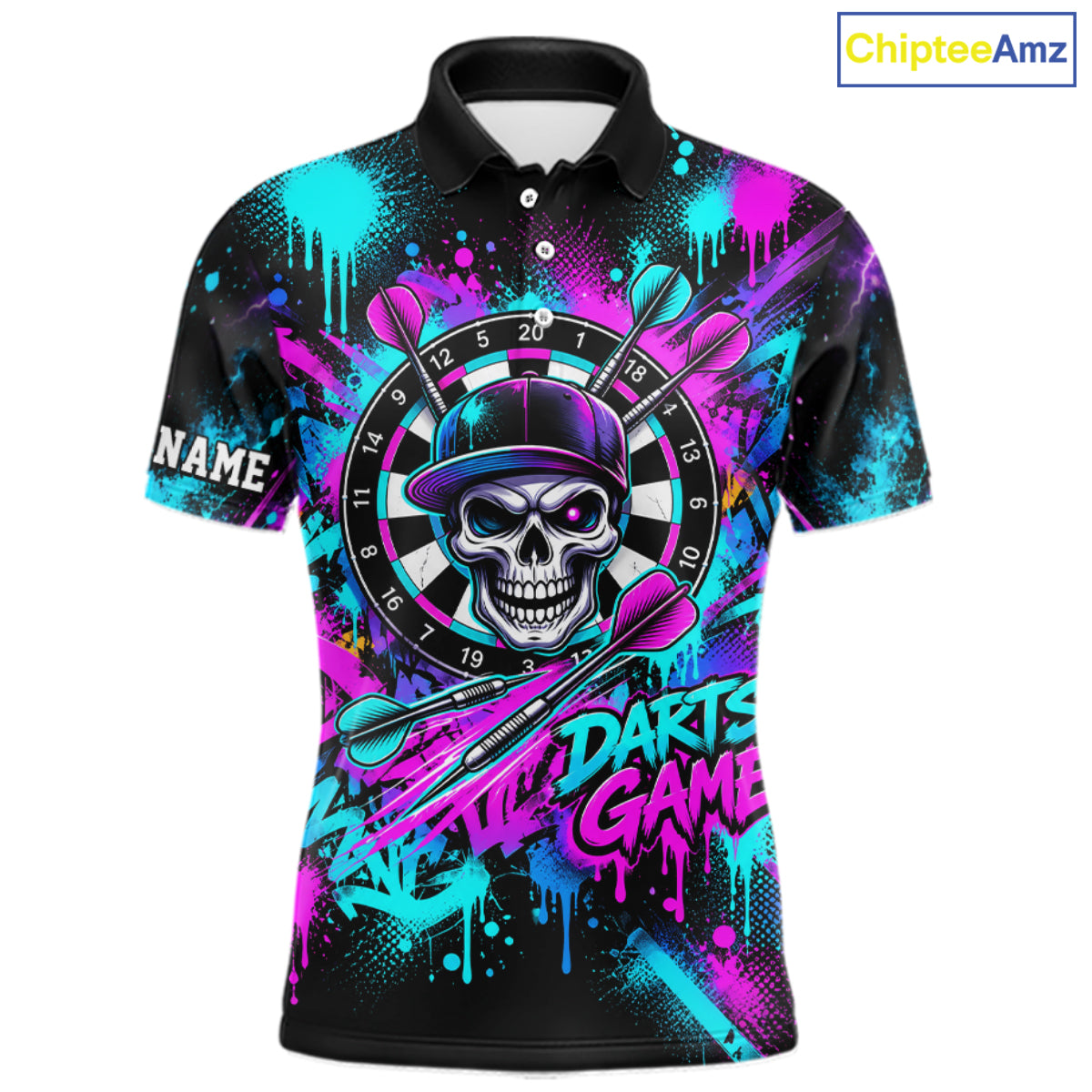 Skull Graffiti Darts Polo 1/4-Zip Shirt Purple Blue Thunder Cracked Darts Team Apparel Jersey