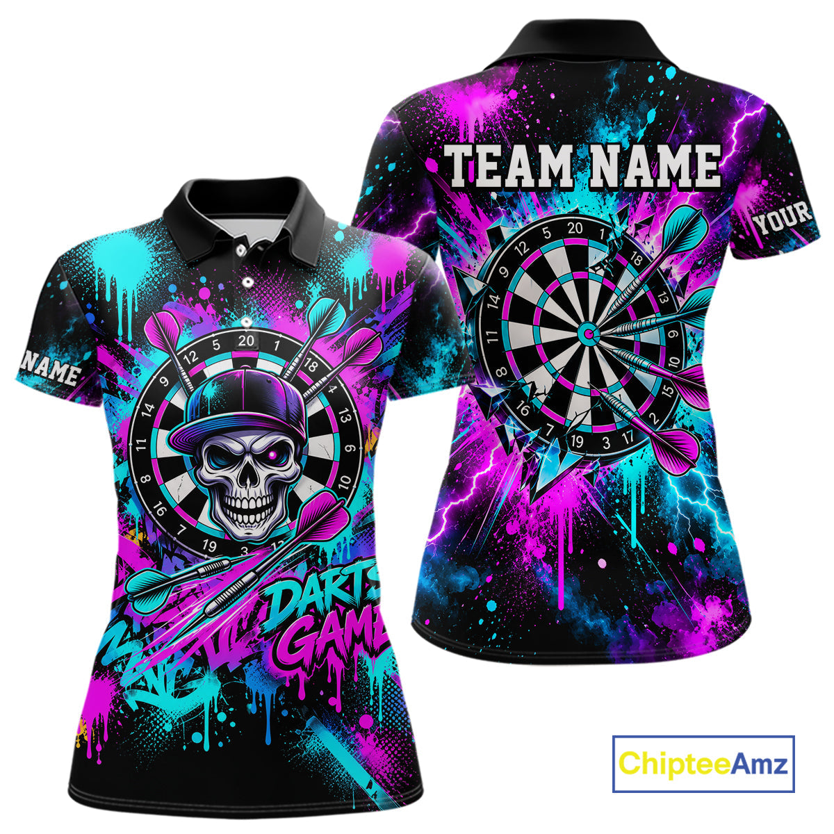 Skull Graffiti Darts Polo 1/4-Zip Shirt Purple Blue Thunder Cracked Darts Team Apparel Jersey