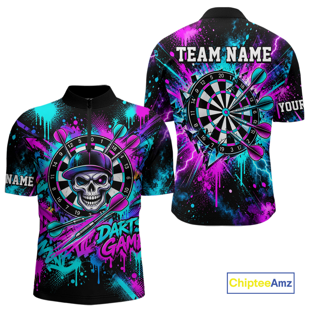 Skull Graffiti Darts Polo 1/4-Zip Shirt Purple Blue Thunder Cracked Darts Team Apparel Jersey