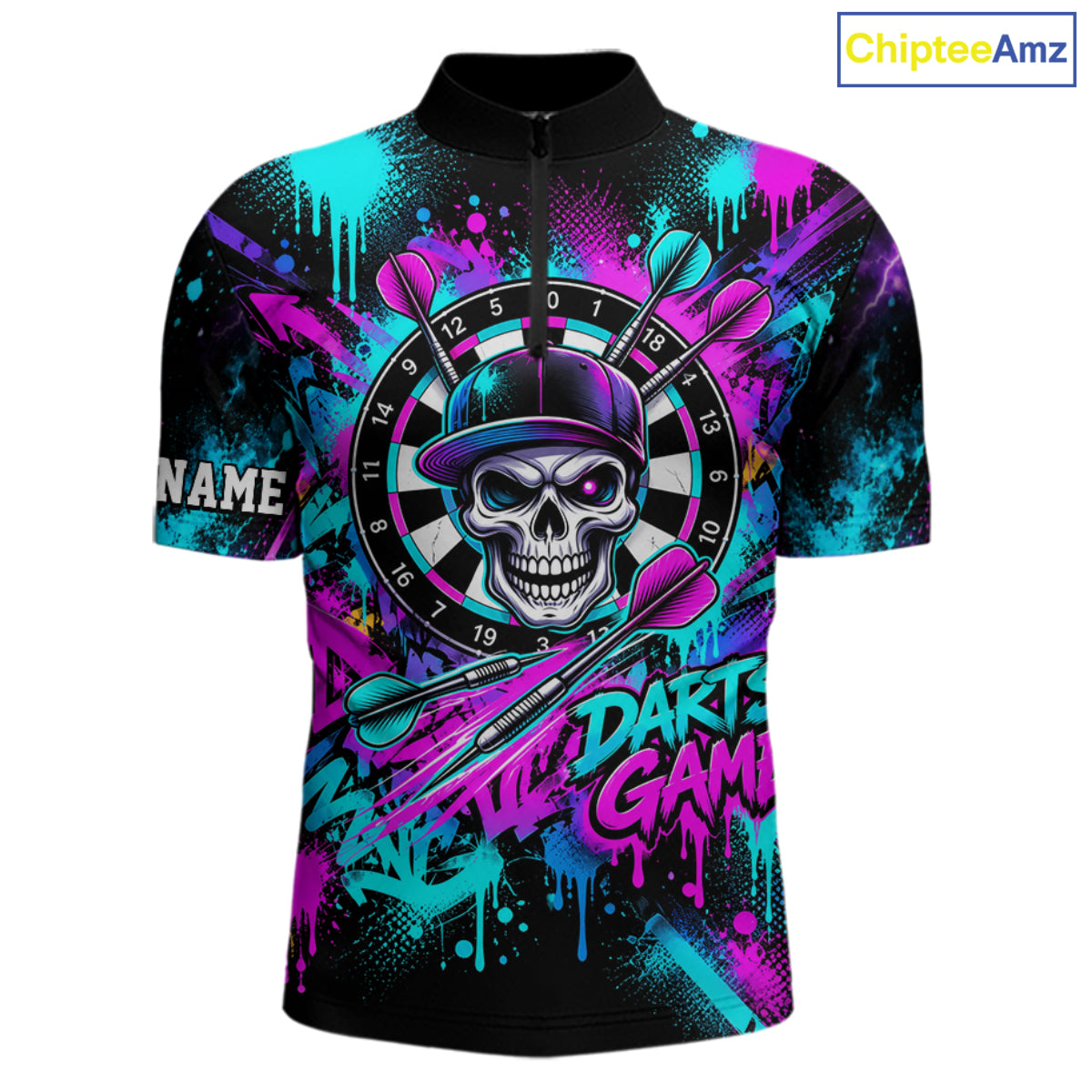 Skull Graffiti Darts Polo 1/4-Zip Shirt Purple Blue Thunder Cracked Darts Team Apparel Jersey
