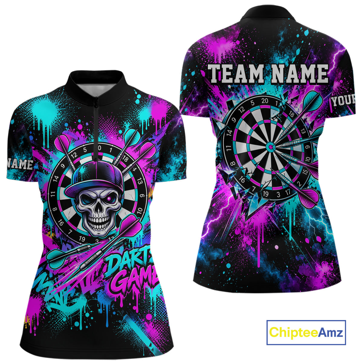 Skull Graffiti Darts Polo 1/4-Zip Shirt Purple Blue Thunder Cracked Darts Team Apparel Jersey