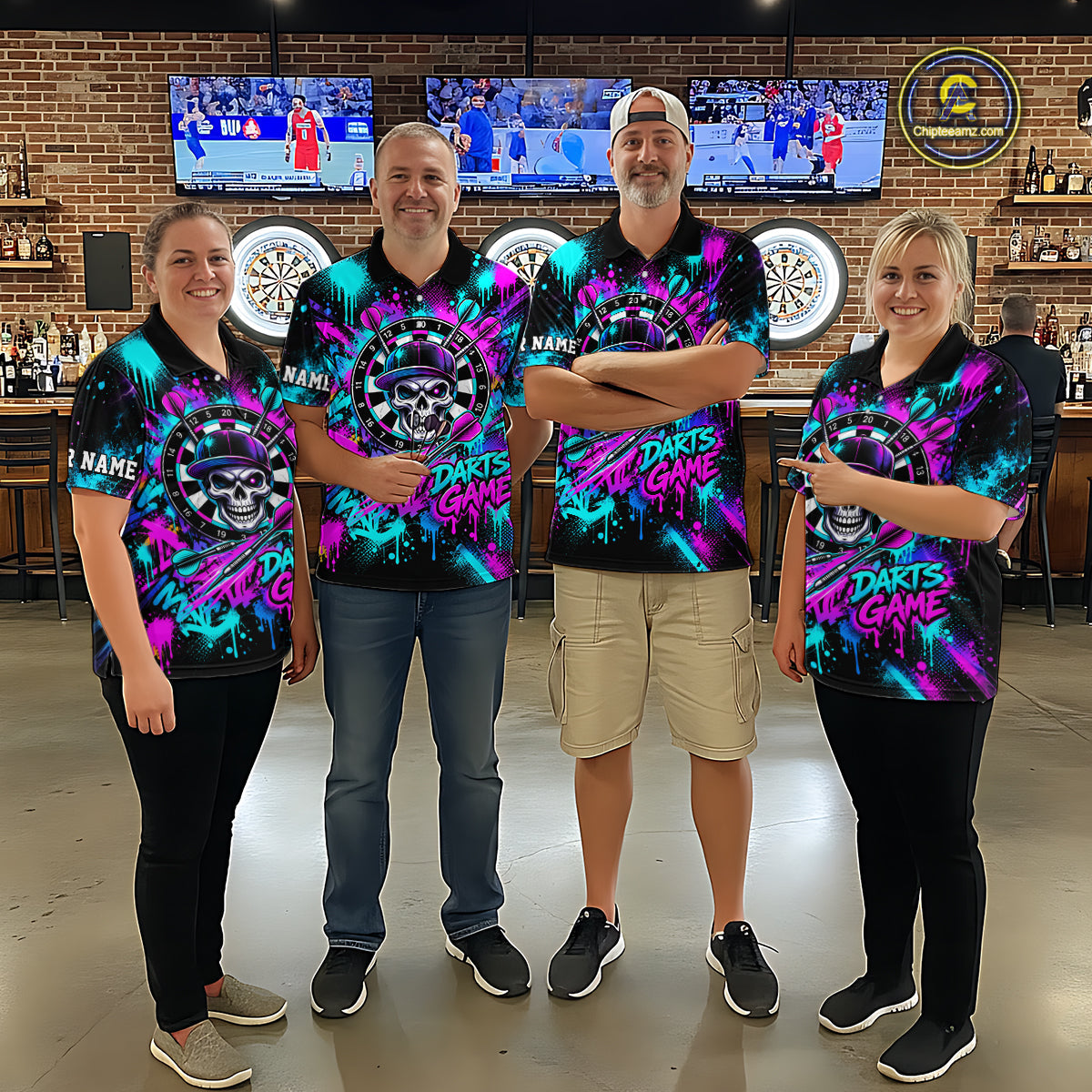 Skull Graffiti Darts Polo 1/4-Zip Shirt Purple Blue Thunder Cracked Darts Team Apparel Jersey