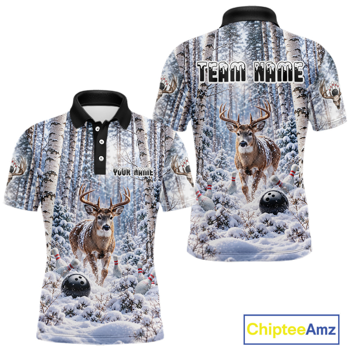 Personalized Winter Deer Bowling Polo 1/4-Zip Custom Deer Bowling Team Apparel
