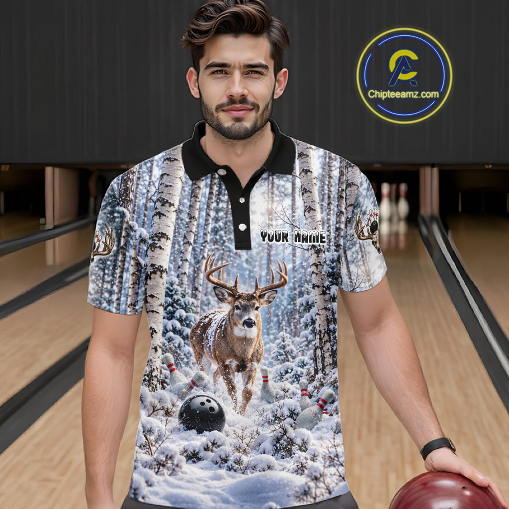 Personalized Winter Deer Bowling Polo 1/4-Zip Custom Deer Bowling Team Apparel