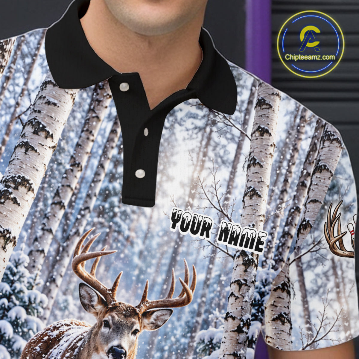 Personalized Winter Deer Bowling Polo 1/4-Zip Custom Deer Bowling Team Apparel