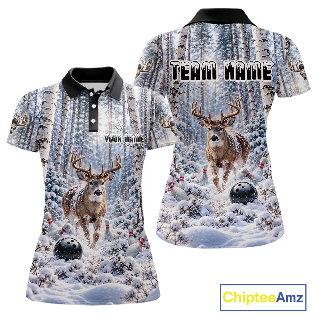 Personalized Winter Deer Bowling Polo 1/4-Zip Custom Deer Bowling Team Apparel