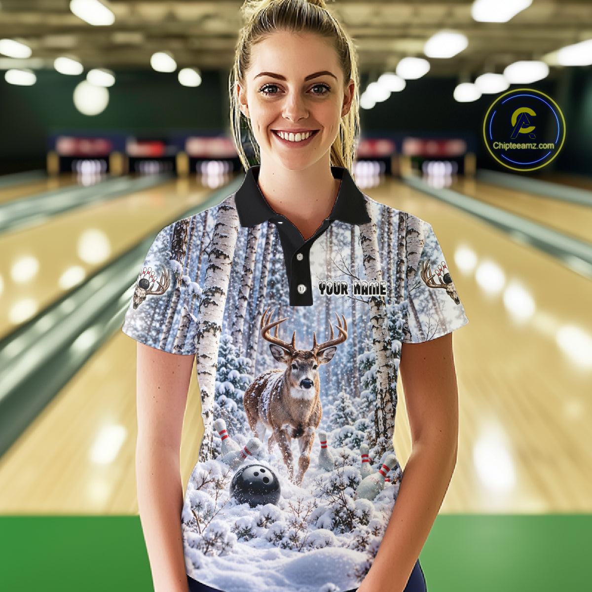 Personalized Winter Deer Bowling Polo 1/4-Zip Custom Deer Bowling Team Apparel