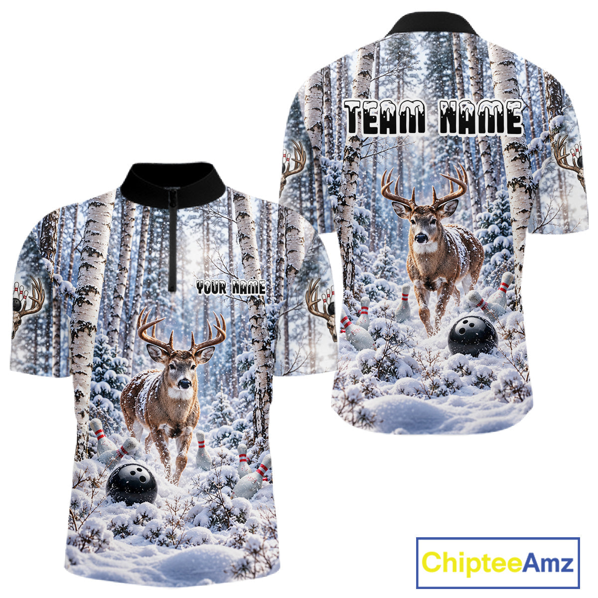 Personalized Winter Deer Bowling Polo 1/4-Zip Custom Deer Bowling Team Apparel