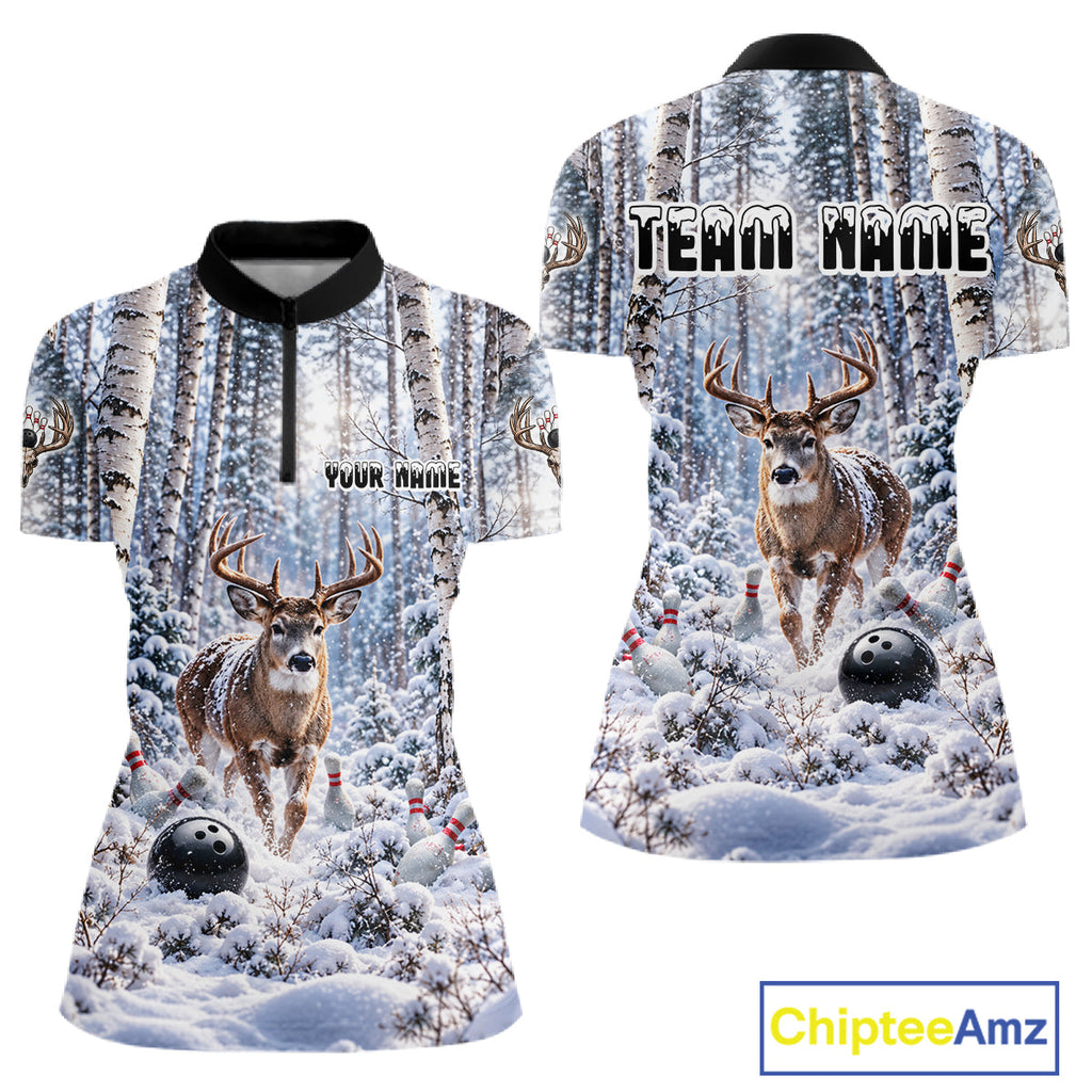 Personalized Winter Deer Bowling Polo 1/4-Zip Custom Deer Bowling Team Apparel