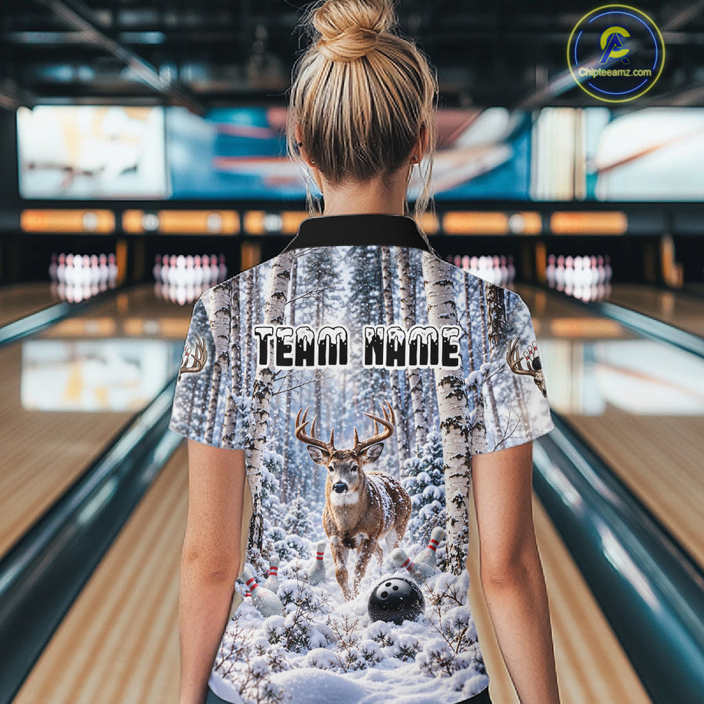 Personalized Winter Deer Bowling Polo 1/4-Zip Custom Deer Bowling Team Apparel