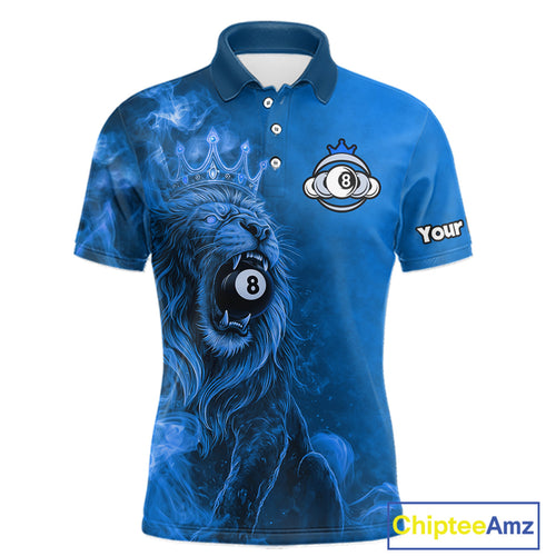 Personalized Blue Grunge Smoke Crown Lion 8 Ball Pool Billiard Shirts Billiard Attire Gifts