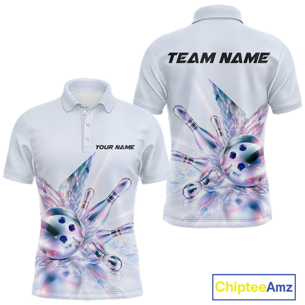 Custom Bowling Team Shirt Pink Holographic Pins & Ball Bowling Polo 1/4-Zip Jersey