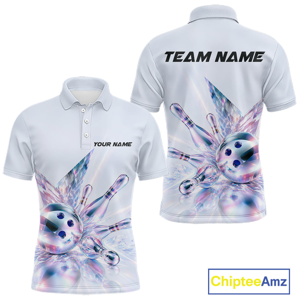 Custom Bowling Team Shirt Pink Holographic Pins & Ball Bowling Polo 1/4-Zip Jersey