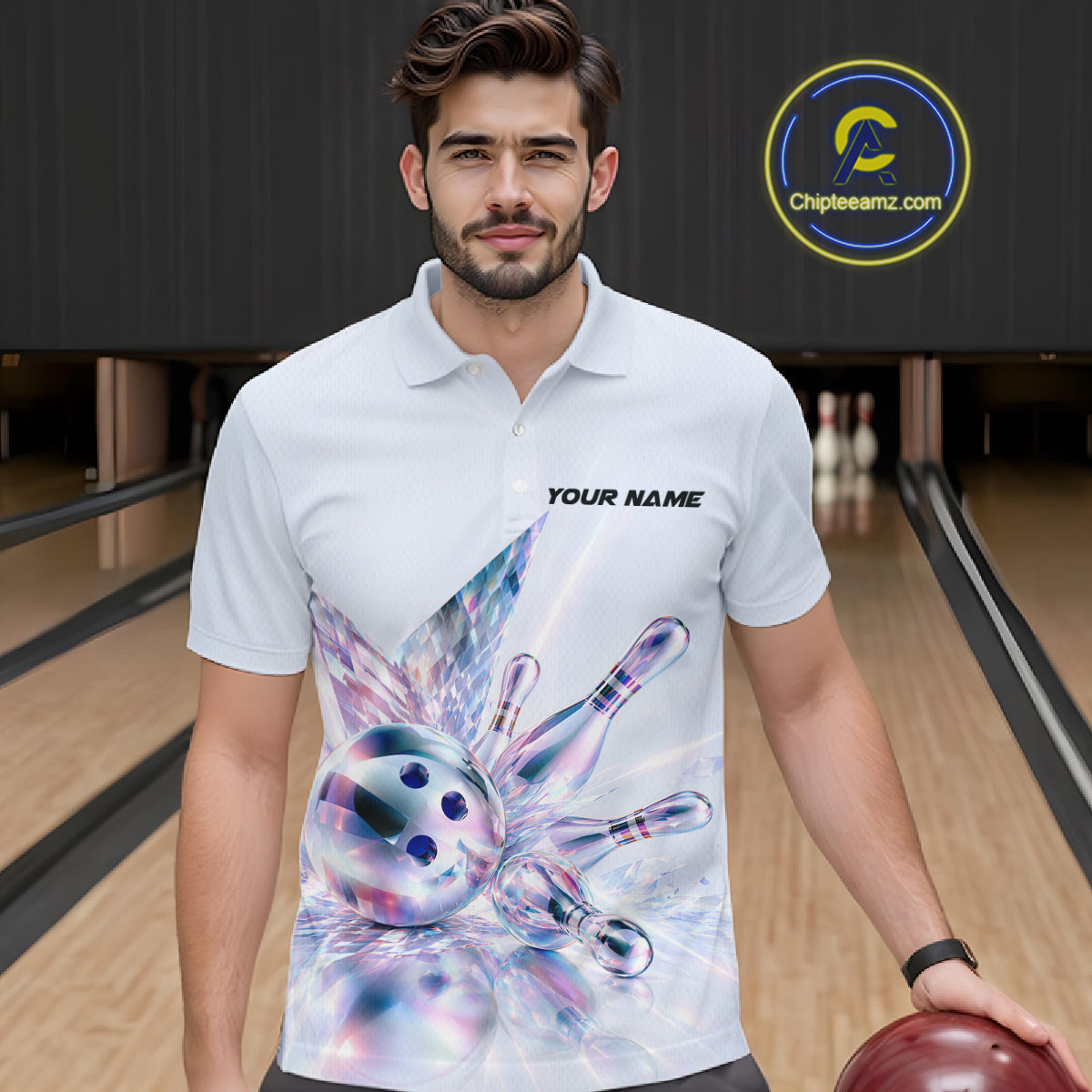 Custom Bowling Team Shirt Pink Holographic Pins & Ball Bowling Polo 1/4-Zip Jersey