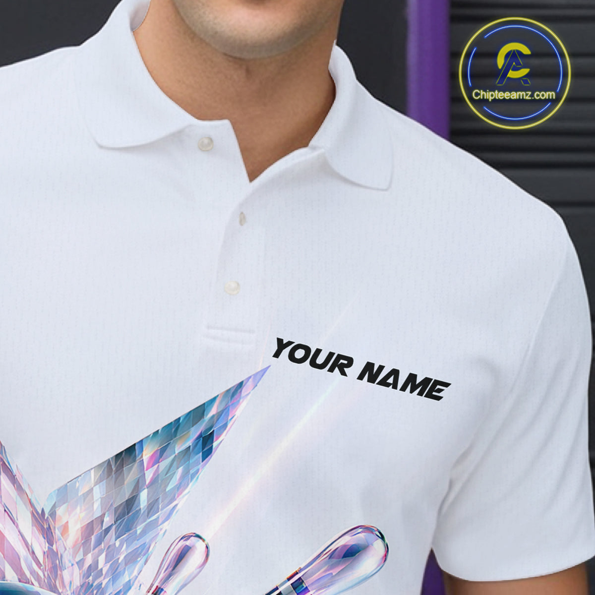 Custom Bowling Team Shirt Pink Holographic Pins & Ball Bowling Polo 1/4-Zip Jersey