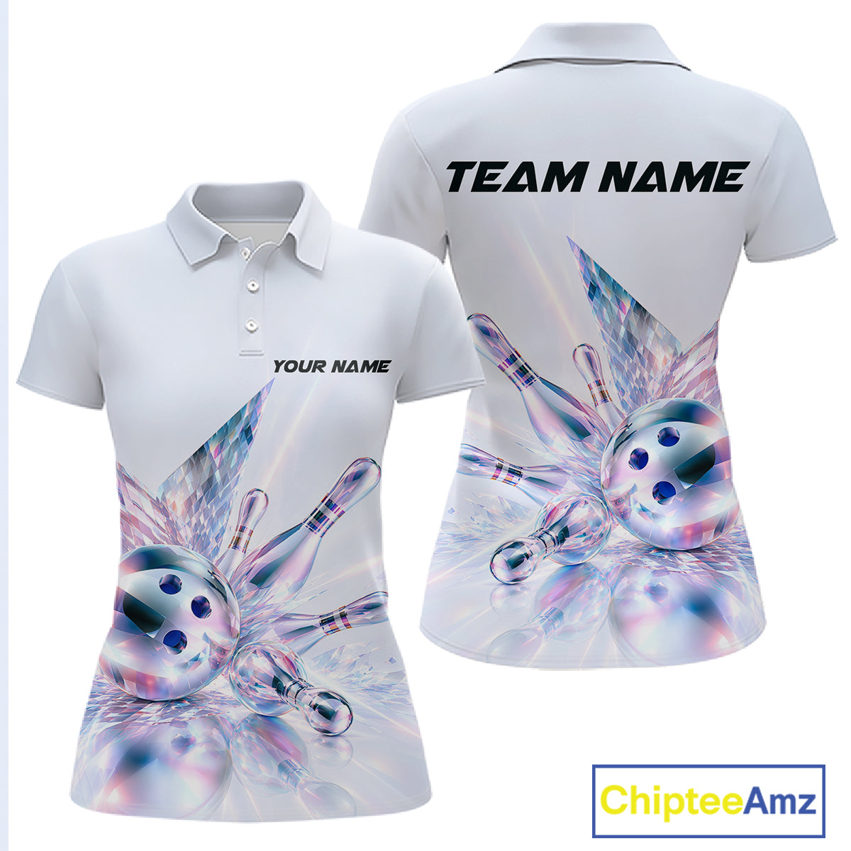 Custom Bowling Team Shirt Pink Holographic Pins & Ball Bowling Polo 1/4-Zip Jersey