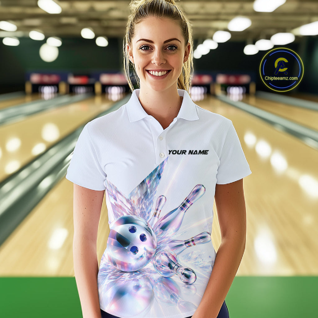 Custom Bowling Team Shirt Pink Holographic Pins & Ball Bowling Polo 1/4-Zip Jersey