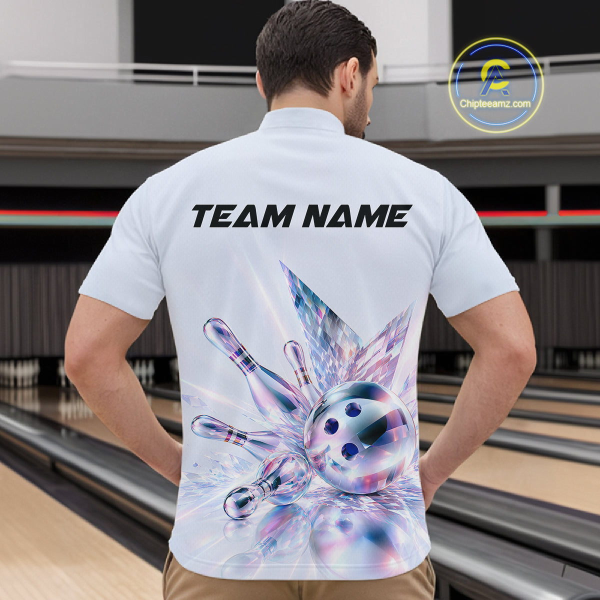 Custom Bowling Team Shirt Pink Holographic Pins & Ball Bowling Polo 1/4-Zip Jersey
