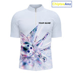 Custom Bowling Team Shirt Pink Holographic Pins & Ball Bowling Polo 1/4-Zip Jersey