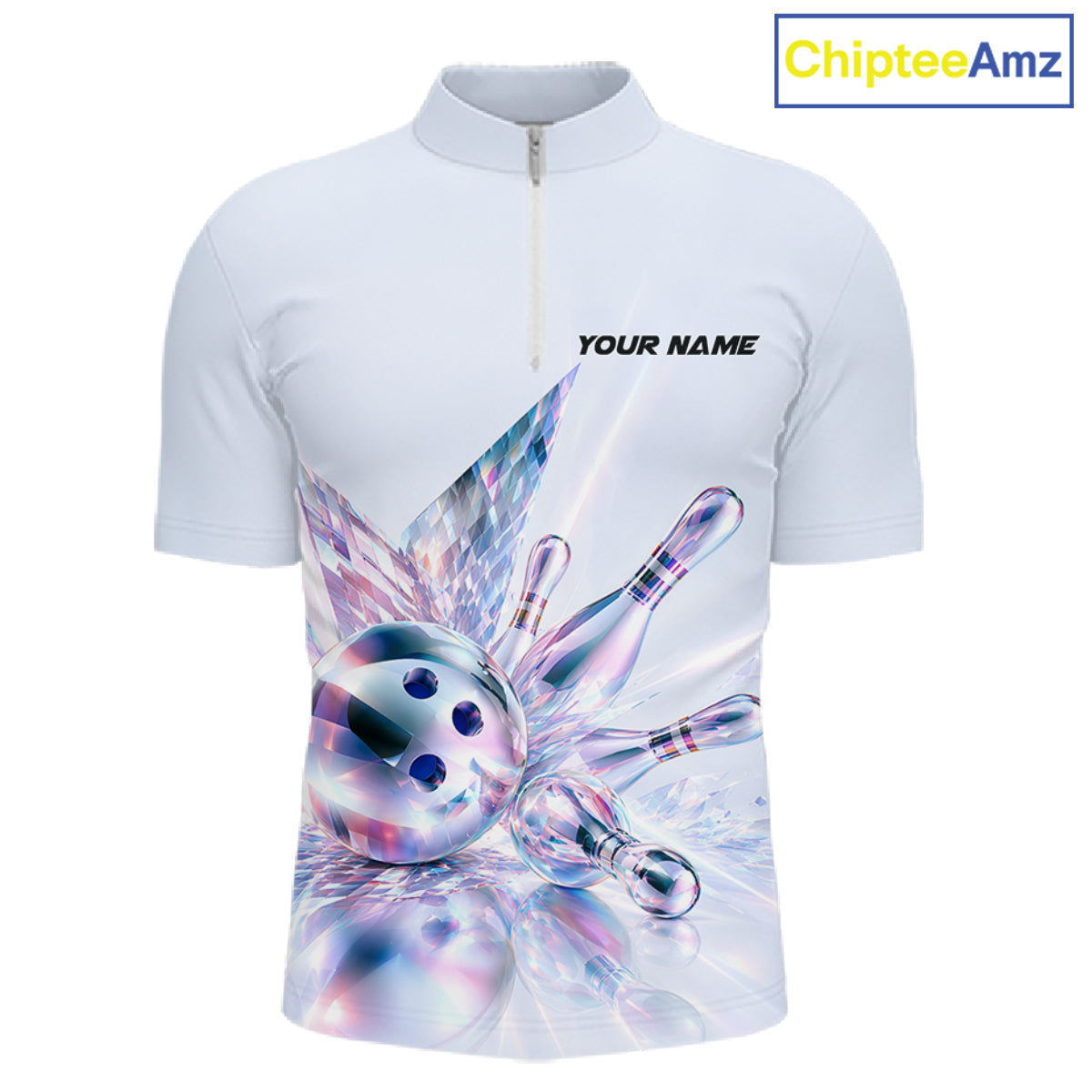 Custom Bowling Team Shirt Pink Holographic Pins & Ball Bowling Polo 1/4-Zip Jersey