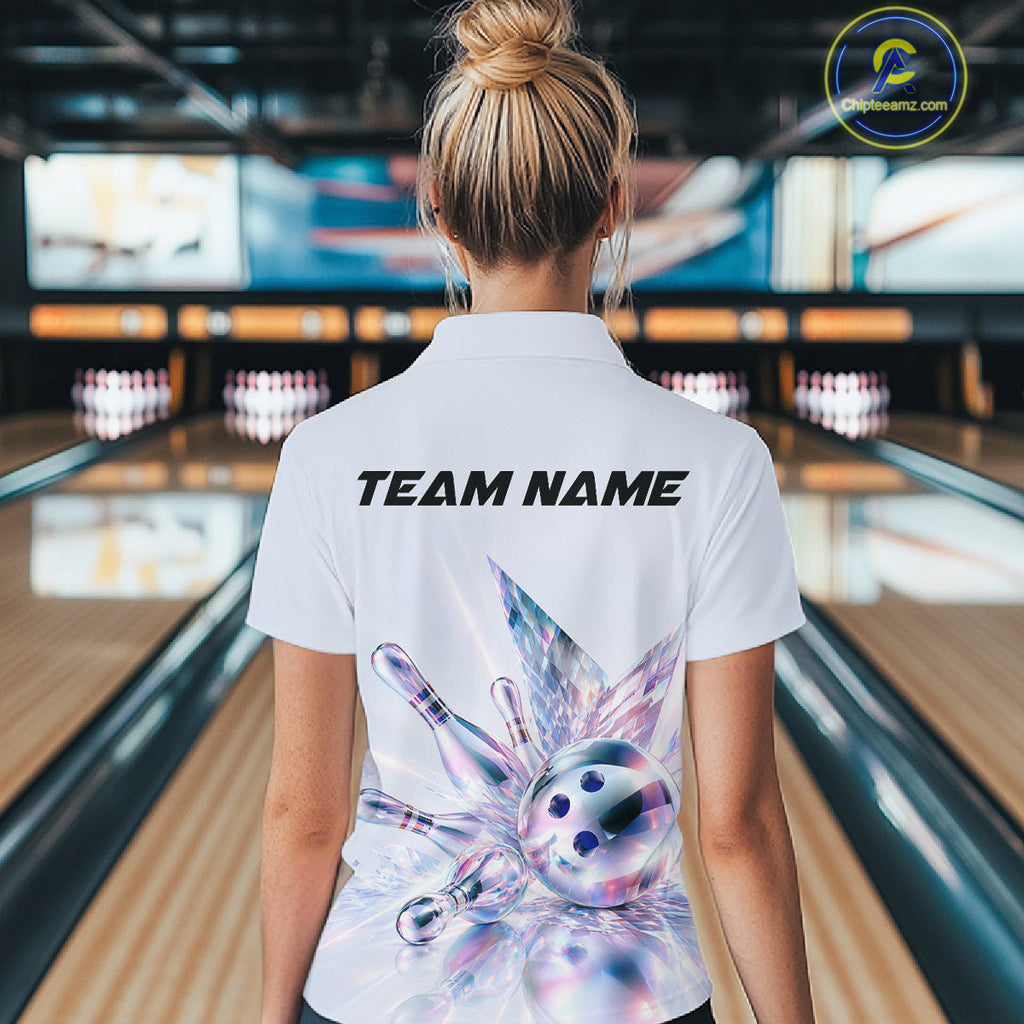 Custom Bowling Team Shirt Pink Holographic Pins & Ball Bowling Polo 1/4-Zip Jersey