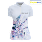Custom Bowling Team Shirt Pink Holographic Pins & Ball Bowling Polo 1/4-Zip Jersey
