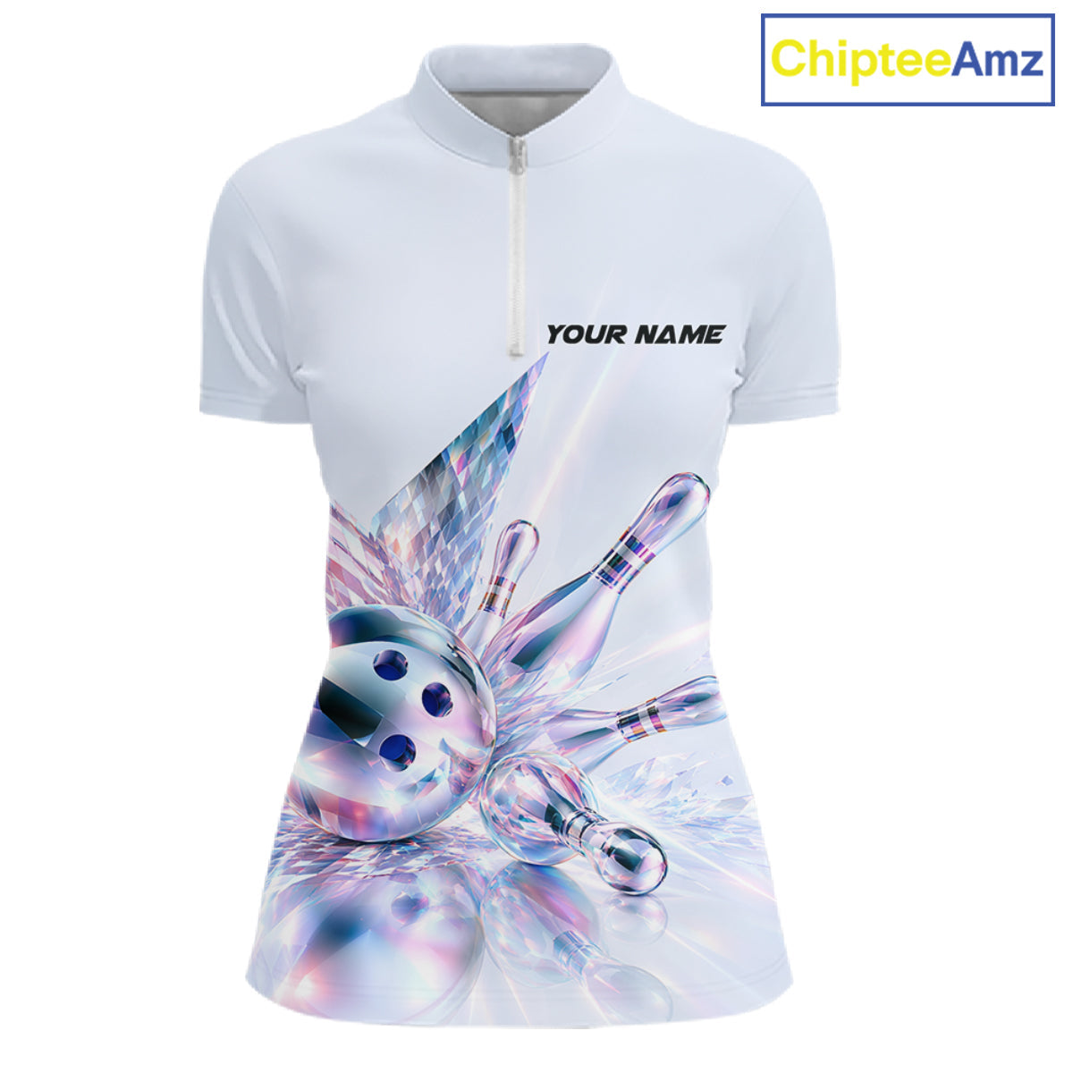 Custom Bowling Team Shirt Pink Holographic Pins & Ball Bowling Polo 1/4-Zip Jersey