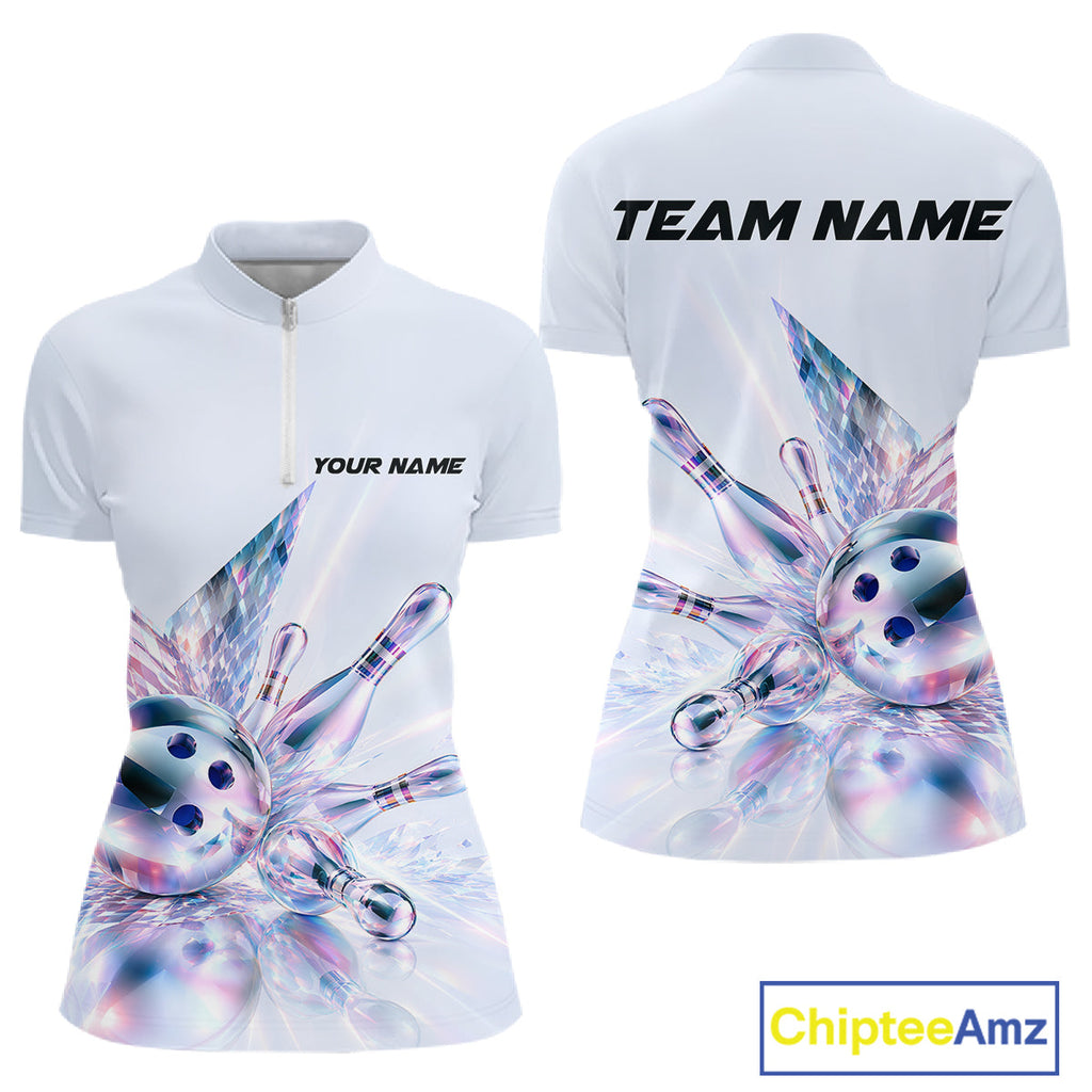 Custom Bowling Team Shirt Pink Holographic Pins & Ball Bowling Polo 1/4-Zip Jersey