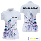 Custom Bowling Team Shirt Pink Holographic Pins & Ball Bowling Polo 1/4-Zip Jersey