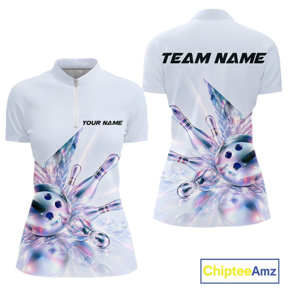 Custom Bowling Team Shirt Pink Holographic Pins & Ball Bowling Polo 1/4-Zip Jersey