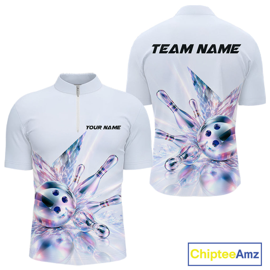 Custom Bowling Team Shirt Pink Holographic Pins & Ball Bowling Polo 1/4-Zip Jersey