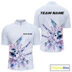 Custom Bowling Team Shirt Pink Holographic Pins & Ball Bowling Polo 1/4-Zip Jersey