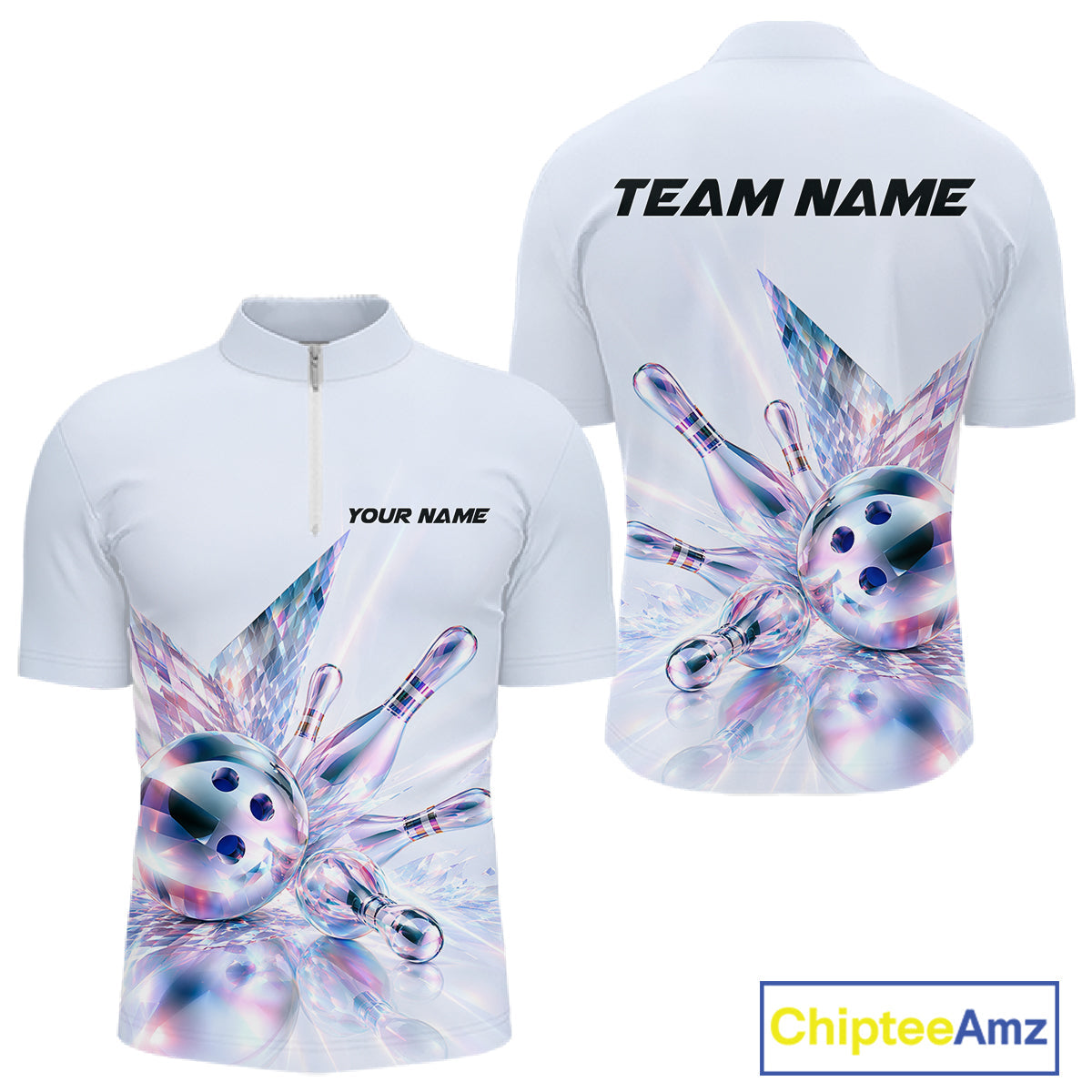 Custom Bowling Team Shirt Pink Holographic Pins & Ball Bowling Polo 1/4-Zip Jersey