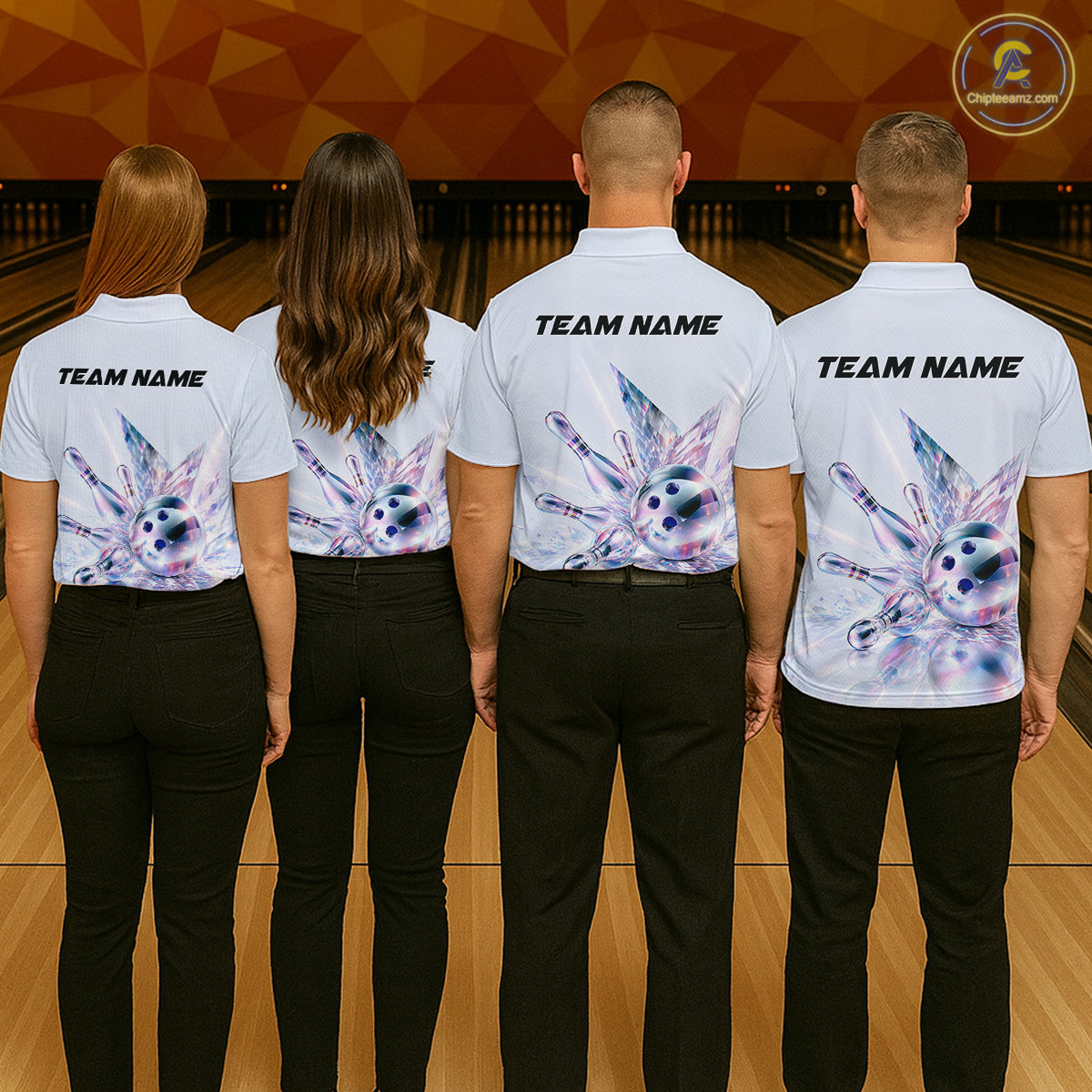 Custom Bowling Team Shirt Pink Holographic Pins & Ball Bowling Polo 1/4-Zip Jersey