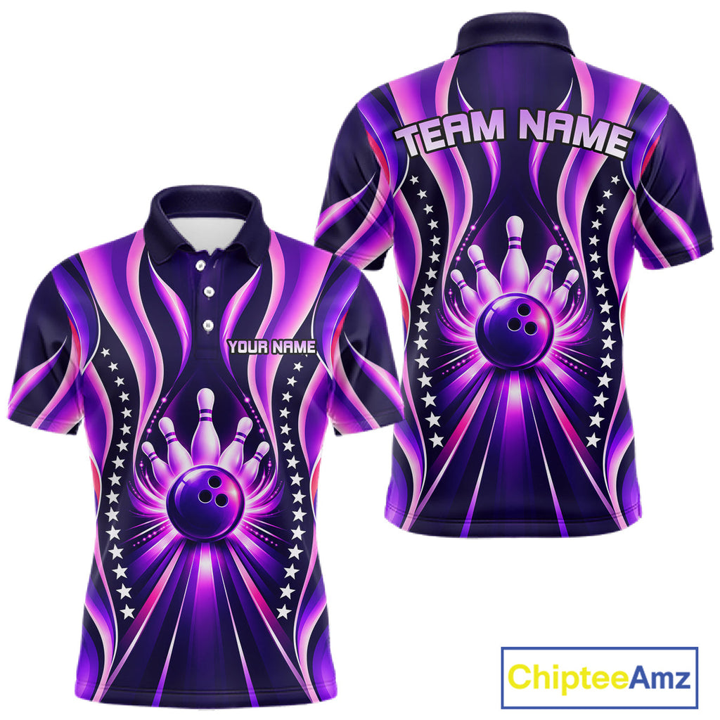 Glowing Pins Bowling Ball Shirt Custom Neon Purple Bowling Jersey Team Apparel